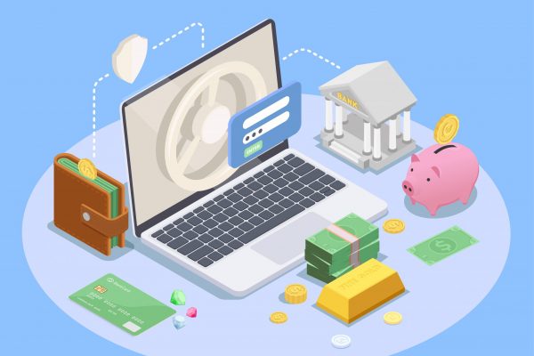 Composición isométrica financiera bancaria con imágenes de los iconos de la computadora portátil de la cartera del banco y la ilustración del vector de dinero vector gratuito